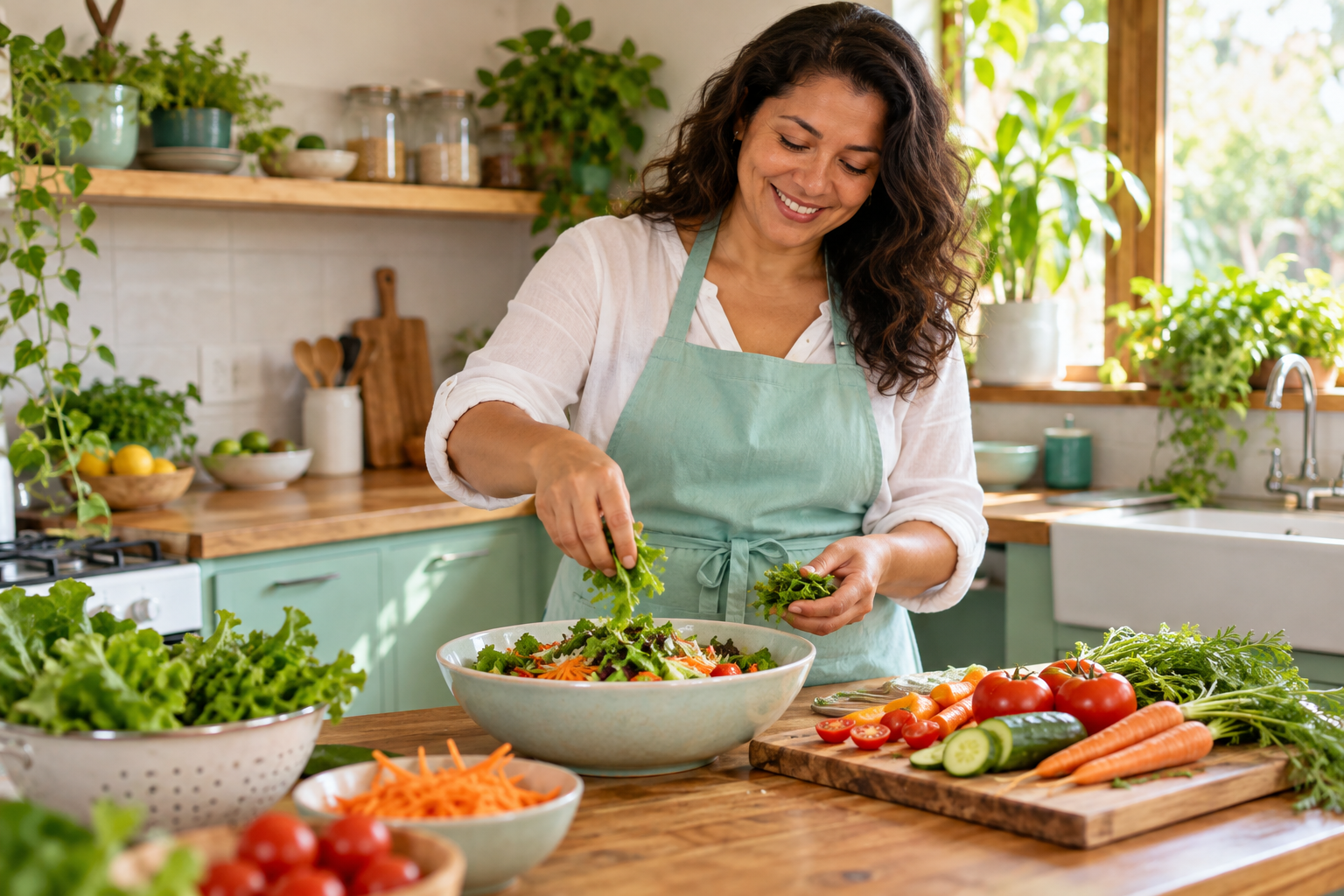 Preparação de uma refeição com vegetais frescos